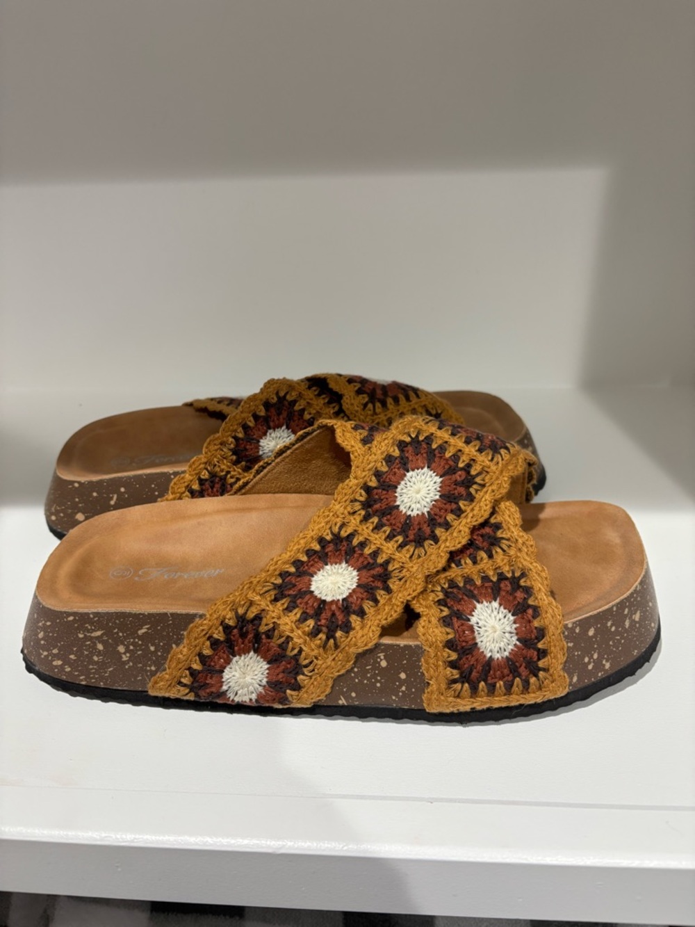 Crochet-Style Tan and Brown Slide Sandals